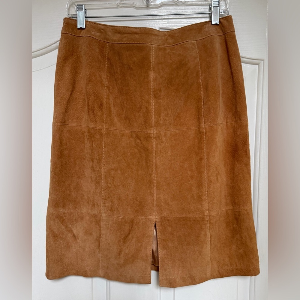 Suede Leather Pencil Skirt Lined Chadwicks Camel Cognac Brown, Size 8, EUC